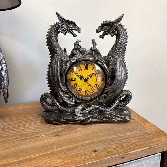 Twin Evil Dragons Antiqued Mantel Clock Table Desk - Picture 4 of 7